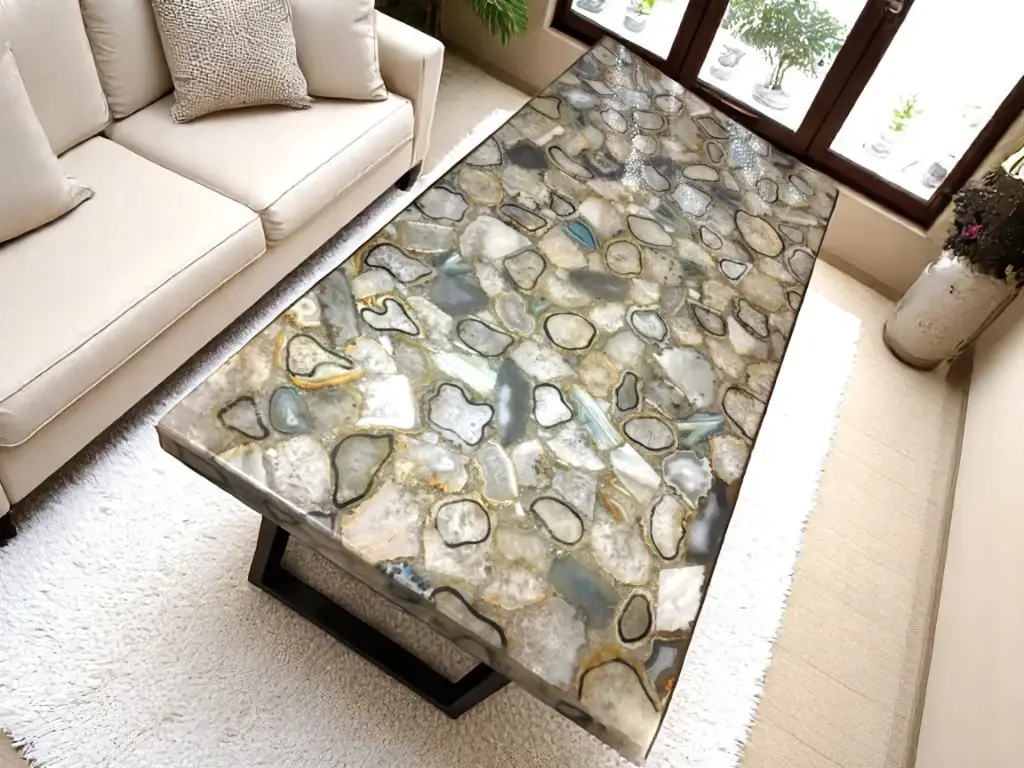 Rectangular Dining Table Top Featuring Agate Gemstone